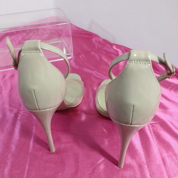 Aldo Beige SZ 7.5 Nude Faux Patent Strappy Dress Sandals 4" High Heels - Picture 5 of 9